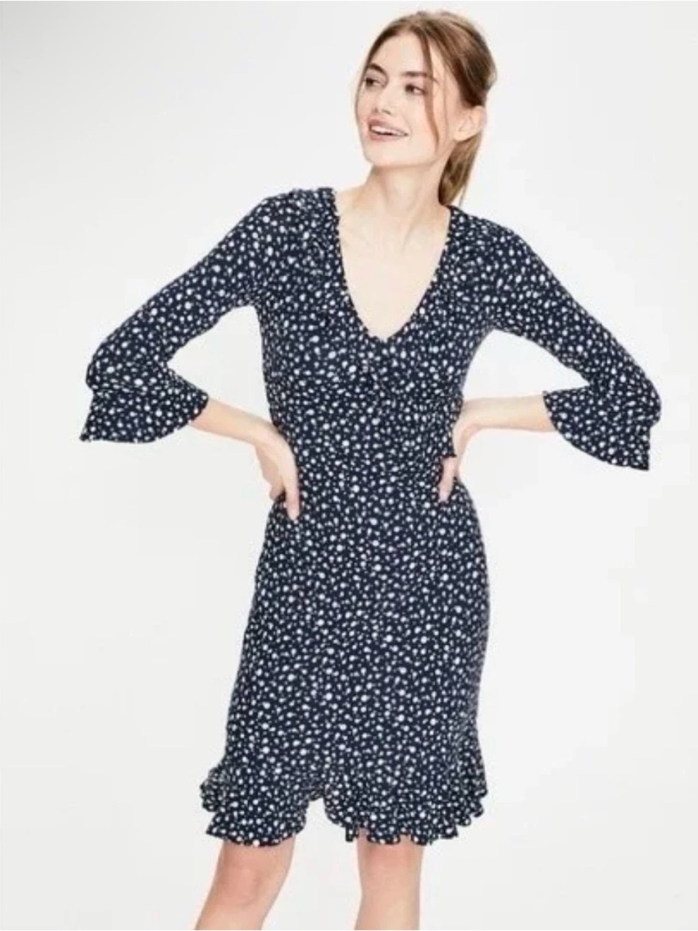 Boden Navy Floral V-Neck Ruffle Hem Dress